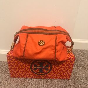 Authentic Tory Burch Leather Trimmed Cosmetic Bag